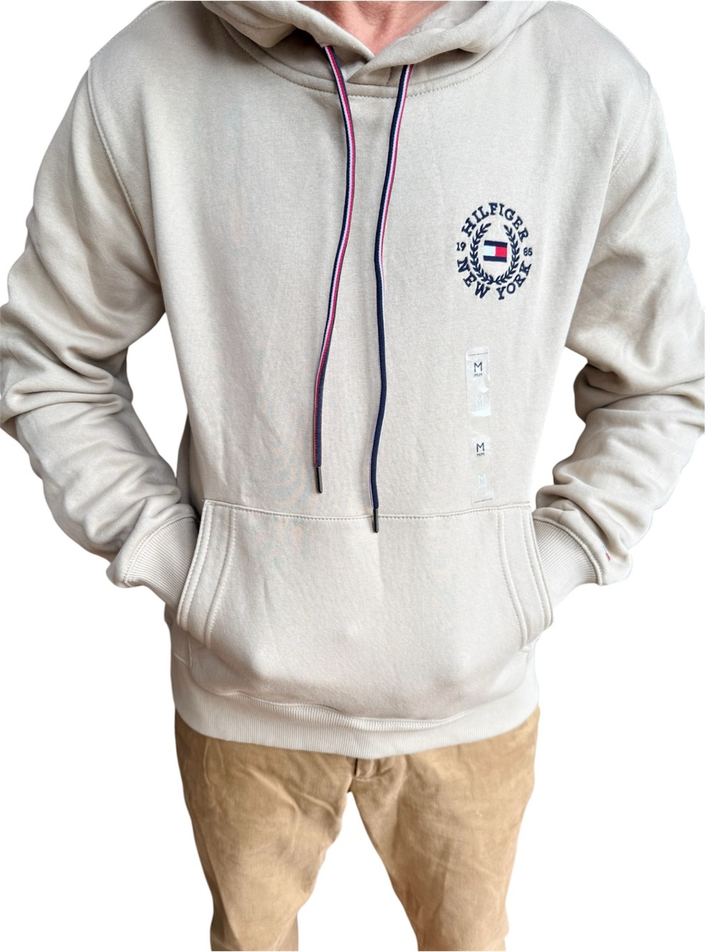 NWT Tommy Hilfiger Embroidered Crest Hoodie Mens M Beige Tan Pullover Sweatshirt
